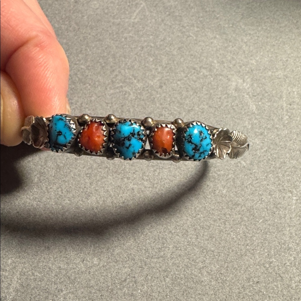 VTG Southwestern Native American Sterling Silver Cuff Turquoise & Coral mark RB - Picture 1 of 5